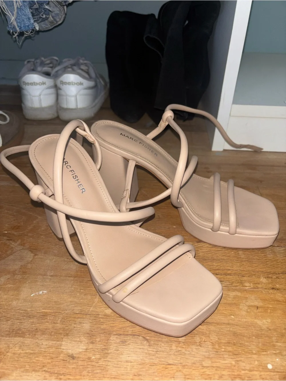 Marc Fisher Beige Strappy Block Heel Sandals